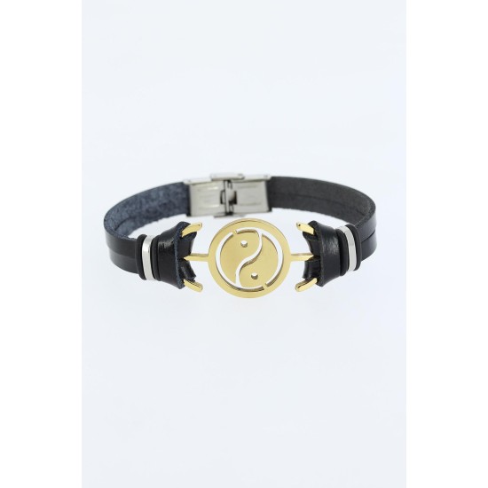 Gold Renk Yin Yang Figürlü Metal Aksesuarlı Siyah Renk Deri Erkek Bileklik Gold Renk Yin Yang Figürlü Metal Aksesuarlı Siyah Renk Deri Erkek Bileklik