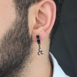 Siyah Renk Kaplama 3 Hilal Figürlü Çelik Kıstırmalı Erkek Küpe