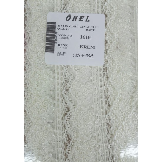 Dantel Polyester Sanal Tül Bant Krem 15 Metre En 3 cm ON-1618-KR Dantel Polyester Sanal Tül Bant Krem 15 Metre En 3 cm ON-1618-KR