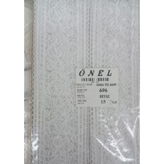 Dantel Polyester Sanal Tül Bant Beyaz 15 Metre En 6 cm ON-696-B Dantel Polyester Sanal Tül Bant Beyaz 15 Metre En 6 cm ON-696-B