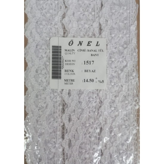 Dantel Polyester Sanal Tül Bant Beyaz 14,50 Metre En 6 cm ON-1517-B Dantel Polyester Sanal Tül Bant Beyaz 14,50 Metre En 6 cm ON-1517-B