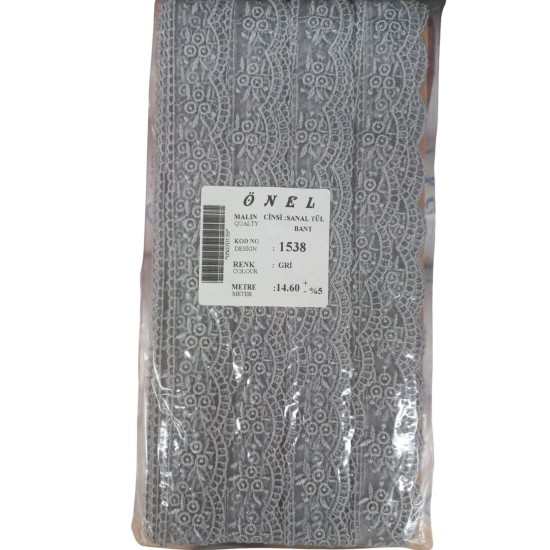 Dantel Polyester Sanal Tül Bant Gri 14,60 Metre En 3 cm ON-1538-G Dantel Polyester Sanal Tül Bant Gri 14,60 Metre En 3 cm ON-1538-G