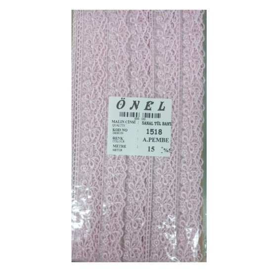 Dantel Polyester Sanal Tül Bant Açık Pembe 15 Metre En 3 cm ON-1518-AP Dantel Polyester Sanal Tül Bant Açık Pembe 15 Metre En 3 cm ON-1518-AP