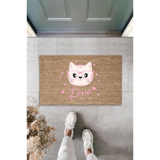 Dijital Baskı Kahverengi Love Yazılı Pembe Gözlüklü Kedi Dekoratif Kapı Paspası K-2048 Dijital Baskı Kahverengi Love Yazılı Pembe Gözlüklü Kedi Dekoratif Kapı Paspası K-2048