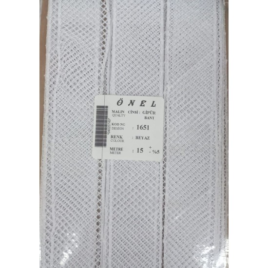 Dantel Polyester Güpür Bant Beyaz 15 Metre En 3 cm ON-1651-B Dantel Polyester Güpür Bant Beyaz 15 Metre En 3 cm ON-1651-B