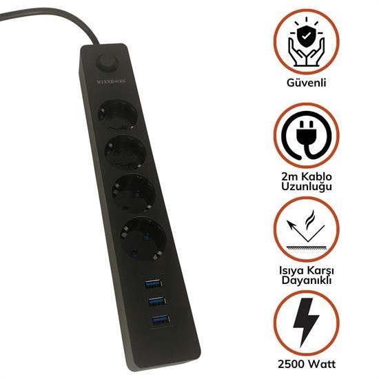 Termak Akım Korumalı 4 Priz 3 USB Girişli Uzatma Kablosu Güç&Şarj Termak Akım Korumalı 4 Priz 3 USB Girişli Uzatma Kablosu Güç&Şarj