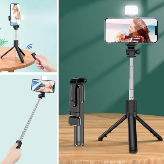 Kendiliğinden Işıklı Masaüstü Tripod Olabilen Telefon Tutuculu Kablosuz Kumandalı Selfie Çubuğu Kendiliğinden Işıklı Masaüstü Tripod Olabilen Telefon Tutuculu Kablosuz Kumandalı Selfie Çubuğu
