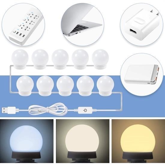 Nostalji Hollywood Tarzı 10lu Makyaj Masası Aynası Beyaz Led Işıklı Lamba USB