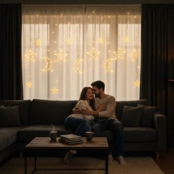 Ay ve Yıldız Figürlü Kumandalı 12 Sarkıtlı 120 LED Dekor Işık – Dekoratif Ortam ve Masaüstü Aydınlatması