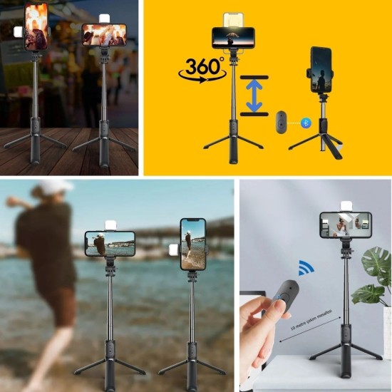 Kendiliğinden Işıklı Masaüstü Tripod Olabilen Telefon Tutuculu Kablosuz Kumandalı Selfie Çubuğu Kendiliğinden Işıklı Masaüstü Tripod Olabilen Telefon Tutuculu Kablosuz Kumandalı Selfie Çubuğu