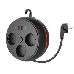 3 Adet Soket,3 Adet USB ve 1 Adet Type-C Girişli Termal Akım Korumalı Makaralı Priz 3395