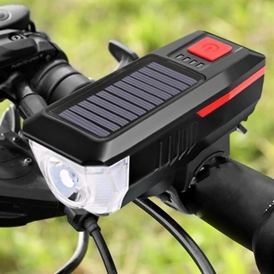 Solar Enerjili USB ile Şarj Edilebilir Ledli Bisiklet Feneri Kornalı ve Su Geçirmez Far Solar Enerjili USB ile Şarj Edilebilir Ledli Bisiklet Feneri Kornalı ve Su Geçirmez Far