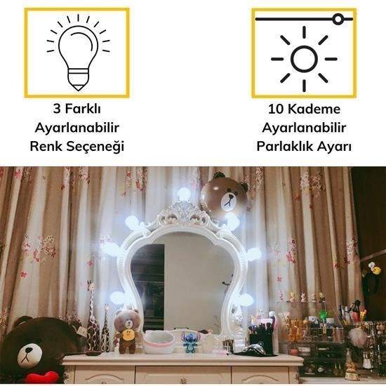 Nostalji Hollywood Tarzı 10lu Makyaj Masası Aynası Beyaz Led Işıklı Lamba USB