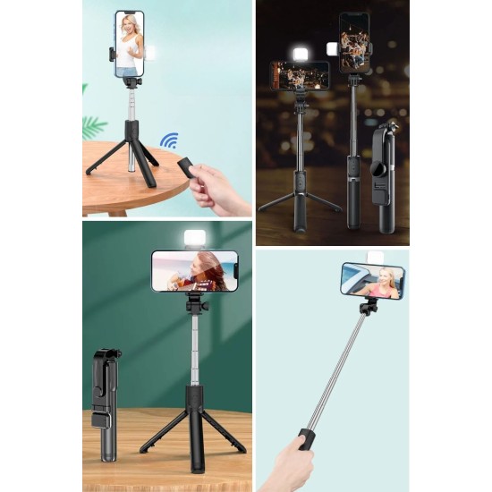 Kendiliğinden Işıklı Masaüstü Tripod Olabilen Telefon Tutuculu Kablosuz Kumandalı Selfie Çubuğu Kendiliğinden Işıklı Masaüstü Tripod Olabilen Telefon Tutuculu Kablosuz Kumandalı Selfie Çubuğu