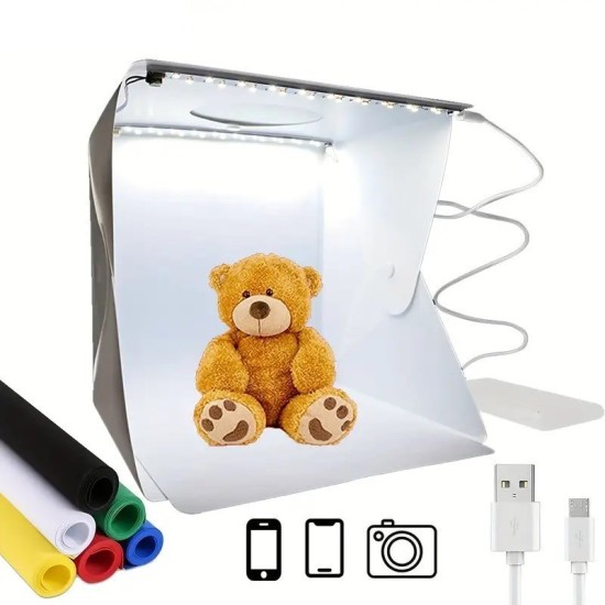 Katlanır Işıklı Fotoğraf Stüdyosu 40x40 cm 6 Renk Fonlu Ürün Çekimi İçin Uygun Fotoğraf Çekim Kutusu Katlanır Işıklı Fotoğraf Stüdyosu 40x40 cm 6 Renk Fonlu Ürün Çekimi İçin Uygun Fotoğraf Çekim Kutusu