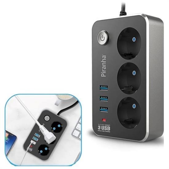 Isıya Dayanıklı Termal Akım Korumalı 2 Mt 10A 2500W 3lü Priz ve 3 Usbi 21A Uzatma Kablosu Isıya Dayanıklı Termal Akım Korumalı 2 Mt 10A 2500W 3lü Priz ve 3 Usbi 21A Uzatma Kablosu