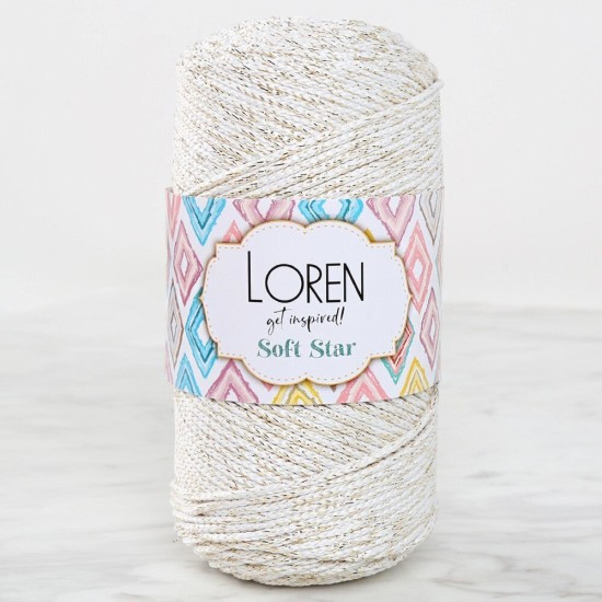 Loren Soft Star Makrome İpi Sarı Simli Krem RM103 Loren Soft Star Makrome İpi Sarı Simli Krem RM103